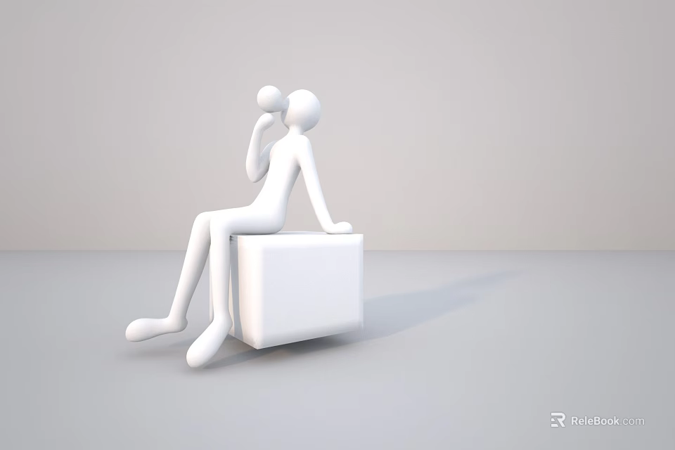 White Minimalist Human Figure Sculpture Sitting on Cube Holding Ball Design 3d model 