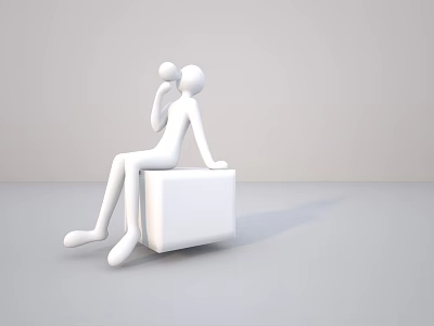 White Minimalist Human Figure Sculpture Sitting on Cube Holding Ball Design 3d model