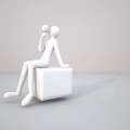 White Minimalist Human Figure Sculpture Sitting on Cube Holding Ball Design
