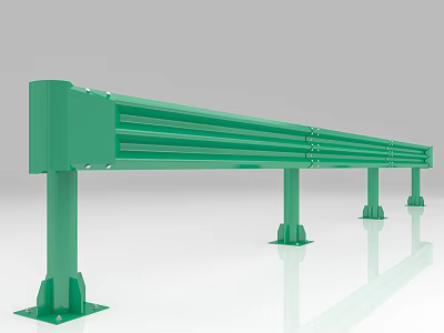 Durable Green Metal Guardrail with Sturdy Posts Horizontal Striped Beams and Bases 3d model