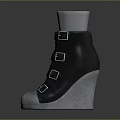 Black Women's Wedge Ankle Shoes With Silver Buckles And Metallic Toe Cap