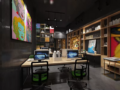 Modern Public Office Space with Desks Computers Chairs Bookshelves and Artwork 3d model