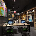 Modern Public Office Space with Desks Computers Chairs Bookshelves and Artwork