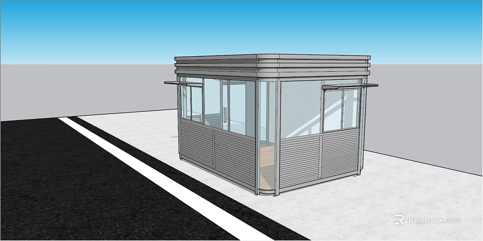 Modern Metal Security Booth With Glass Windows And Roadside Structure Design 3d model