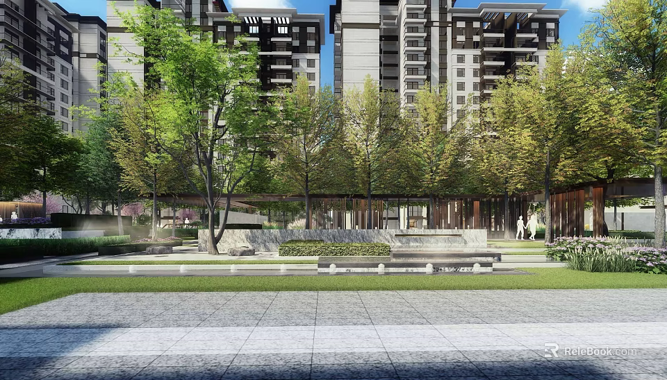 Modern Garden Landscape With Tall Trees Green Lawn Stone Pathways And Seating Areas 3d model 