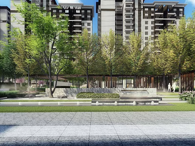 Modern Garden Landscape With Tall Trees Green Lawn Stone Pathways And Seating Areas 3d model