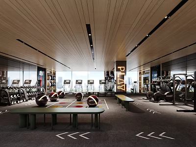 Modern Gym With Fitness Equipment And Wooden Ceiling 3d model