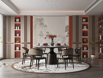 New Chinese Restaurant Home Dining Table and Chair Combination Wine Cabinet Display Cabinet Green Plant Chandelier Carpet 3d model