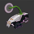 Robotic Vehicle With Green Arm White Saw Blade Tracked Chassis Black White Body Orange Accents