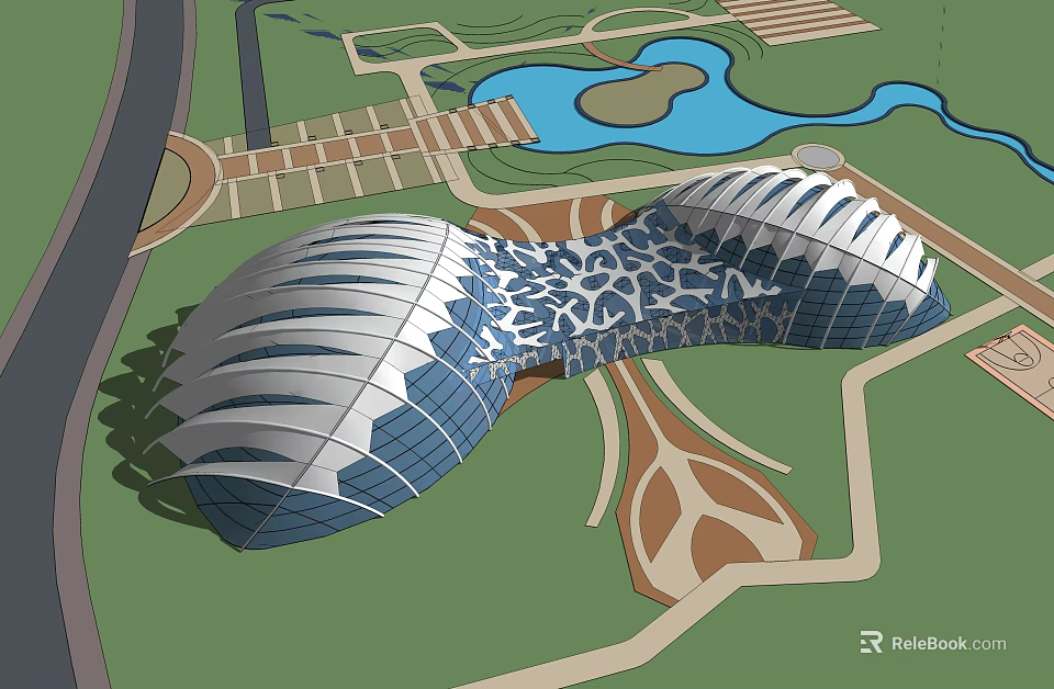 Unique Modern Architectural Design With Streamlined Glass Curtain Walls Surrounding Lake Green Landscape 3d model 
