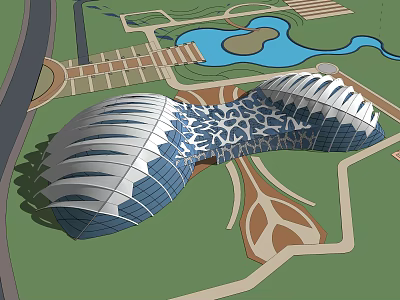 Unique Modern Architectural Design With Streamlined Glass Curtain Walls Surrounding Lake Green Landscape 3d model