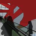 Modern Interior With Red Geometric Ceiling And Escalator With People Walking 3d model