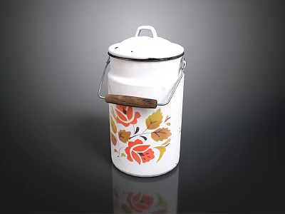 White Floral Pattern Milk Can With Wooden Grip Handle And Red Yellow Flowers 3d model