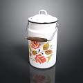 White Floral Pattern Milk Can With Wooden Grip Handle And Red Yellow Flowers