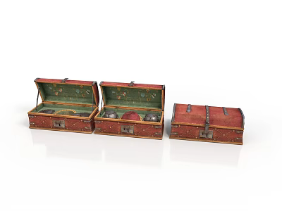 Red Vintage Suitcases Set With Open And Closed Cases And Items Inside 3d model