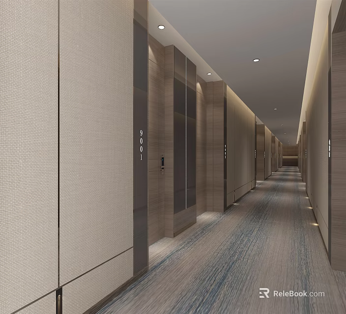 Modern Hotel Corridor Interior Design with Elevator Doors Room Number and Textured Walls 3d model 