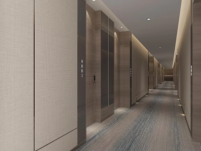 Modern Hotel Corridor Interior Design with Elevator Doors Room Number and Textured Walls 3d model