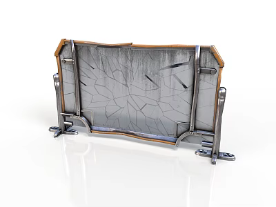 3D Model of Cracked Glass Panel With Metal Frame and Support Brackets 3d model