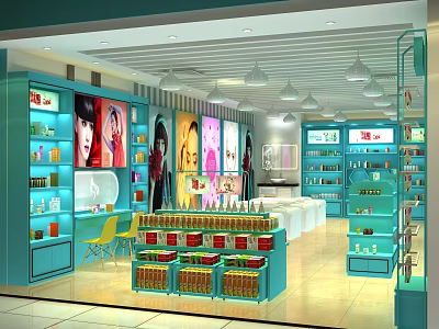 Turquoise Specialty Store With Shelves Filled Products Large Billboards Display Cabinets And Pendant Lights 3d model