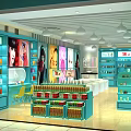 Turquoise Specialty Store With Shelves Filled Products Large Billboards Display Cabinets And Pendant Lights