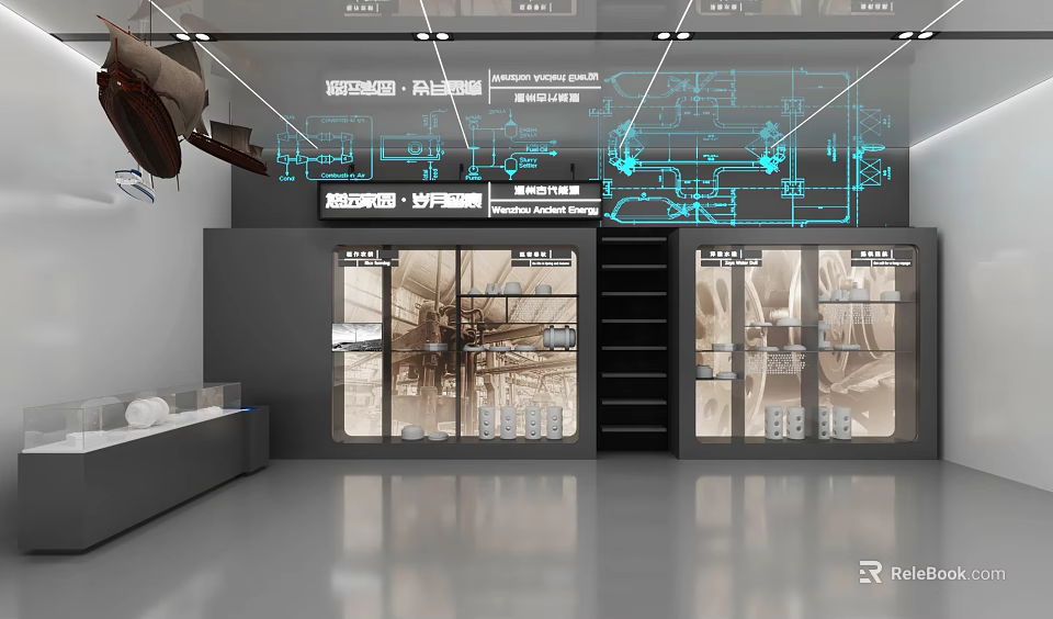Contemporary Exhibition Hall Featuring Glass Display Cases Blue Technical Diagrams And Displayed Items 3d model 