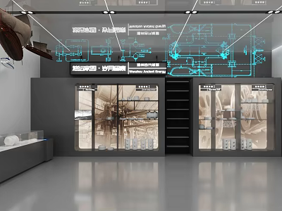 Contemporary Exhibition Hall Featuring Glass Display Cases Blue Technical Diagrams And Displayed Items 3d model