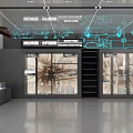 Contemporary Exhibition Hall Featuring Glass Display Cases Blue Technical Diagrams And Displayed Items