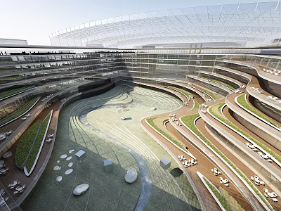 Modern Architectural Atrium Design With Multi Level Greenery Winding Paths And Glass Roof 3d model