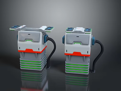 Two Industrial Equipment Units With White Gray Red Green Design Control Panels And Black Hoses 3d model
