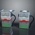 Two Industrial Equipment Units With White Gray Red Green Design Control Panels And Black Hoses