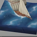 Detailed Vintage Sailing Ship Model With Brown Hull And White Sails On Blue Water Surface