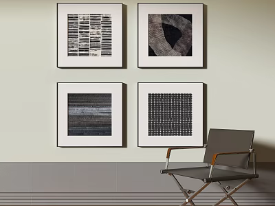 Photo Wall With Four Framed Abstract Paintings On Light Colored Wall And Gray Side Chair 3d model