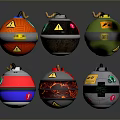 Six Spherical Explosive Weapons With Various Colors Warning Symbols And Fuses
