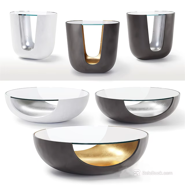Modern Round Glass Top Coffee Table With Gold And Black Metal Base Design 3d model 