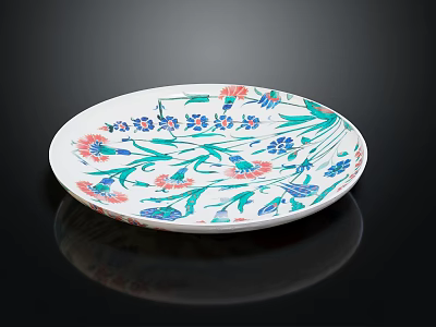 Decorative White Plate With Green Red Blue Floral Patterns And Reflection On Black Background 3d model