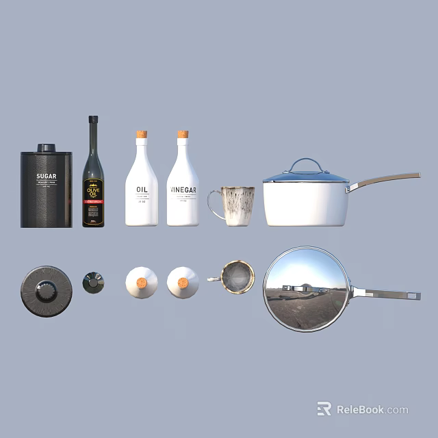 Various Kitchen Items Including Bottles Pot Mug Lids Strainer And Frying Pan 3d model