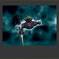 Blue Water Waves On Square Base With Glowing Mechanical Character And Yellow Light