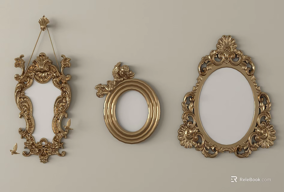 Three Vintage Golden Ornate Mirrors With Various Shapes And Intricate Decorations 3d model 