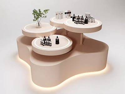 Modern Beige Curved Display Shelves with Circular Platforms Holding Skincare Bottles and Small Plant 3d model