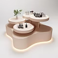 Modern Beige Curved Display Shelves with Circular Platforms Holding Skincare Bottles and Small Plant