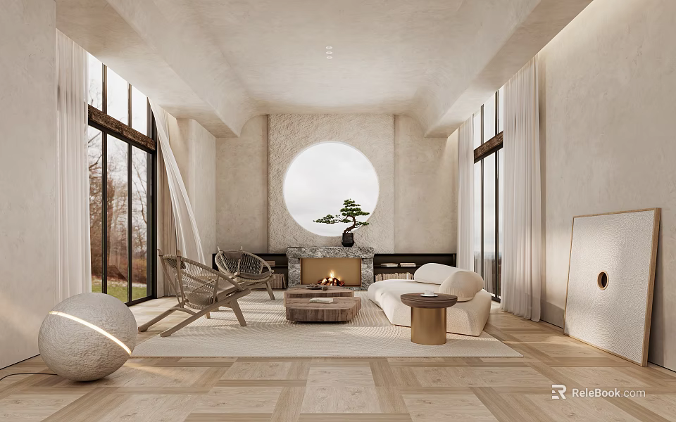 Modern Living Room Interior With Circular Window Fireplace Bonsai And Wooden Flooring 3d model 