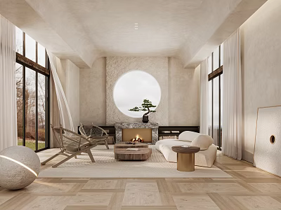 Modern Living Room Interior With Circular Window Fireplace Bonsai And Wooden Flooring 3d model