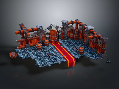 Medieval Castle Interior With Stone Walls Wooden Door Red Carpet And Barrels 3d model