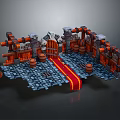 Medieval Castle Interior With Stone Walls Wooden Door Red Carpet And Barrels