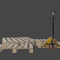 Manual Pallet Jack With Stacked Wooden Pallets For Warehouse Material Handling