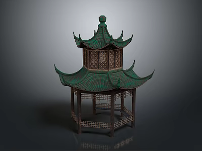 Traditional Chinese Pavilion Featuring Green Multi Tiered Roof And Wooden Carved Details 3d model