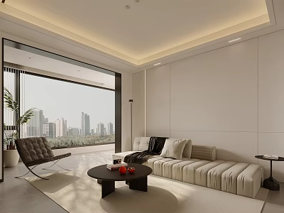 Modern Living and Dining Area with Beige Sofa Black Coffee Table City View and Plants 3d model