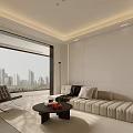 Modern Living and Dining Area with Beige Sofa Black Coffee Table City View and Plants