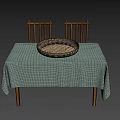 Simple Dining Table With Light Green Tablecloth Wicker Basket And Wooden Chairs