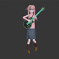 Pink Haired Blue Eyed Girl In Pink Top Gray Skirt Holding Black Guitar Dark Background
